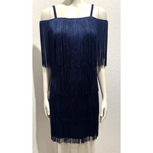 Boston Proper Muse Flapper Tiered Fringe Dress Sz 4 Sleeveless Dk Blue Party